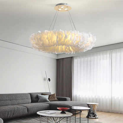 Feather-shaped ceiling light, unique ring, fluffy, pink/white 3