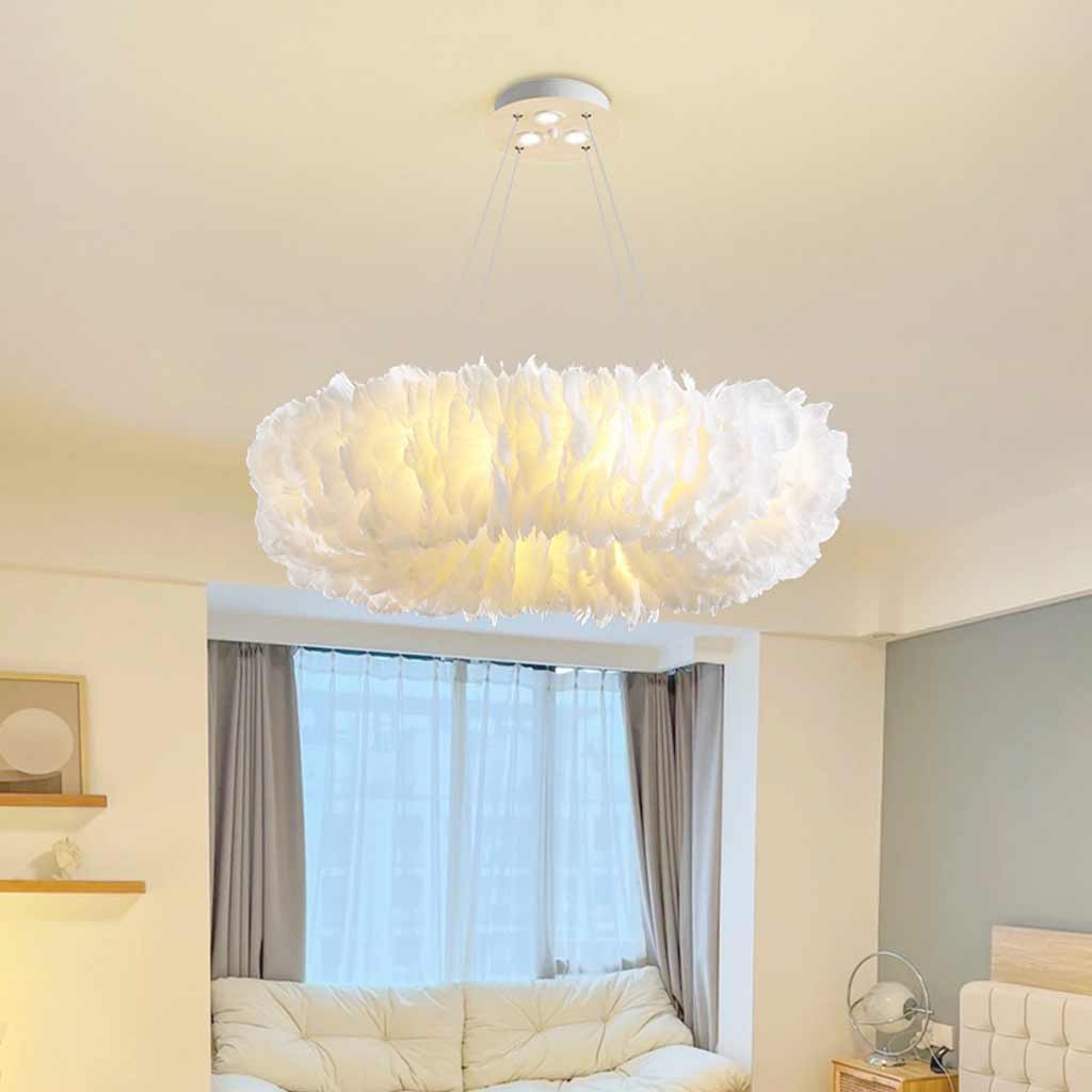 Feather-shaped ceiling light, unique ring, fluffy, pink/white 1