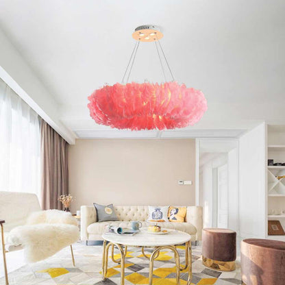 Feather-shaped ceiling light, unique ring, fluffy, pink/white 2