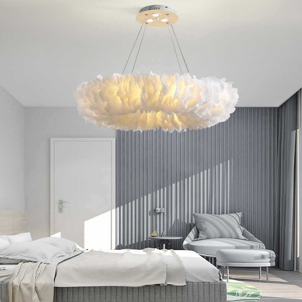 Feather-shaped ceiling light, unique ring, fluffy, pink/white 4