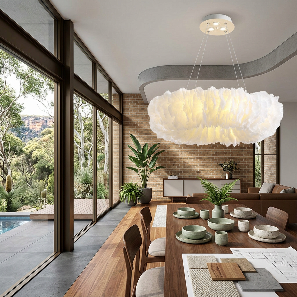Elara Haus Astra Halo – Architectural Ring Ostrich Feather Pendant Light