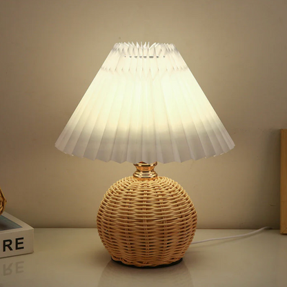 Table lamp with a woven base – natural boho style with a pleated shade 0