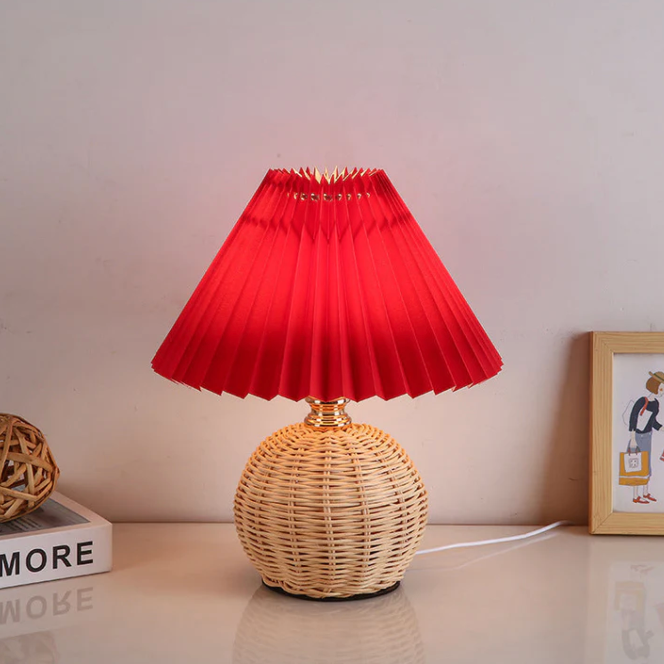 Table lamp with a woven base – natural boho style with a pleated shade 6