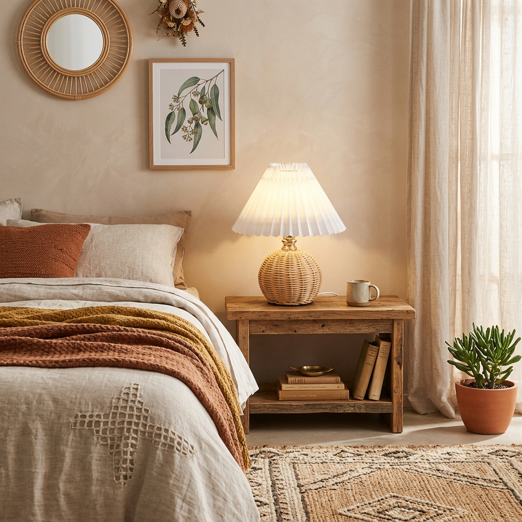 Elara Haus Boho Style Woven Orb Bedside Lamp