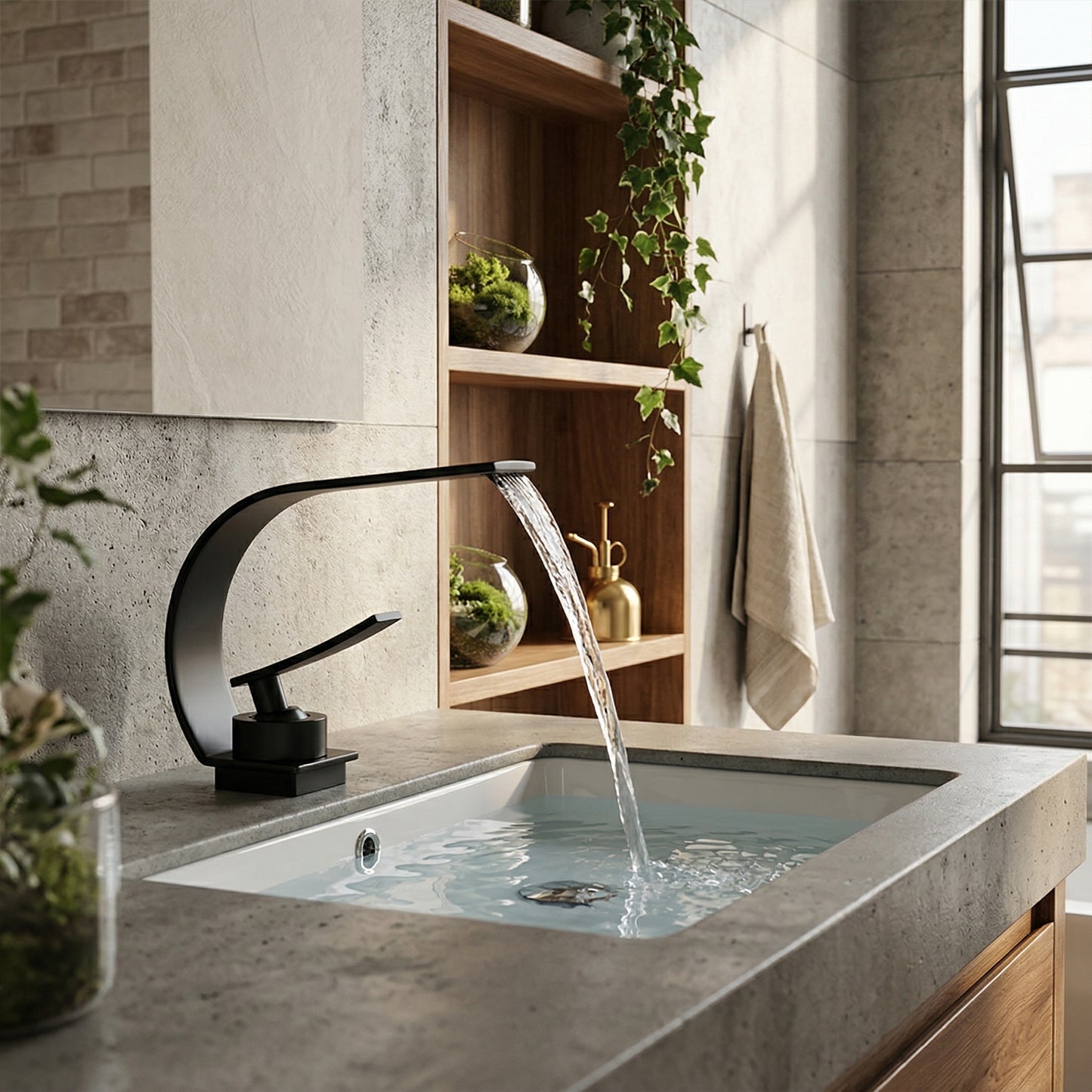 Elara Haus C-Arc Canopy – Matte Onyx Waterfall Basin Mixer