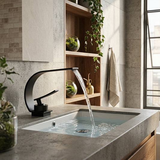 Elara Haus C-Arc Canopy – Matte Onyx Waterfall Basin Mixer