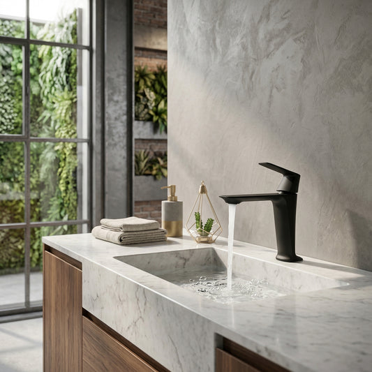 Elara Haus Champagne Gilded Pedestal – Luxe Rose-Gold Basin Mixer