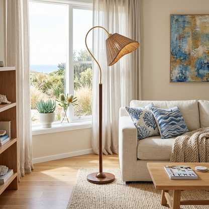 Elara Haus Coastal Woven Rattan Arched Floor Lamp