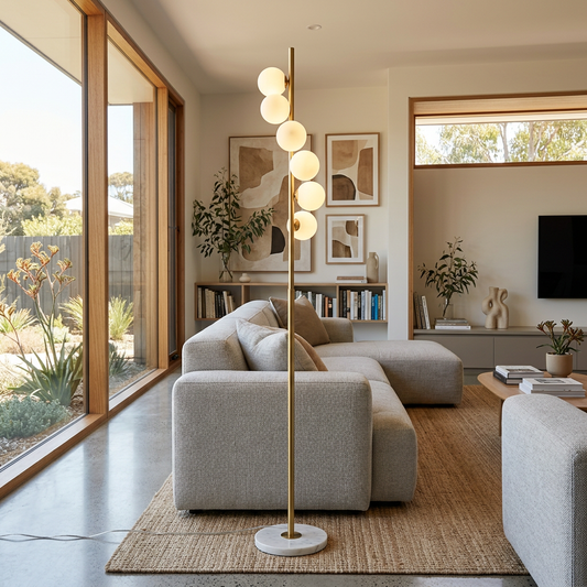 Elara Haus Contemporary Brass and Opal Glass Standing Light