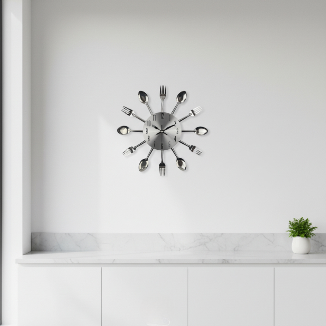 Elara Haus Creative Stainless Steel Cutlery Wall Clock – Silent Kitchen Decor