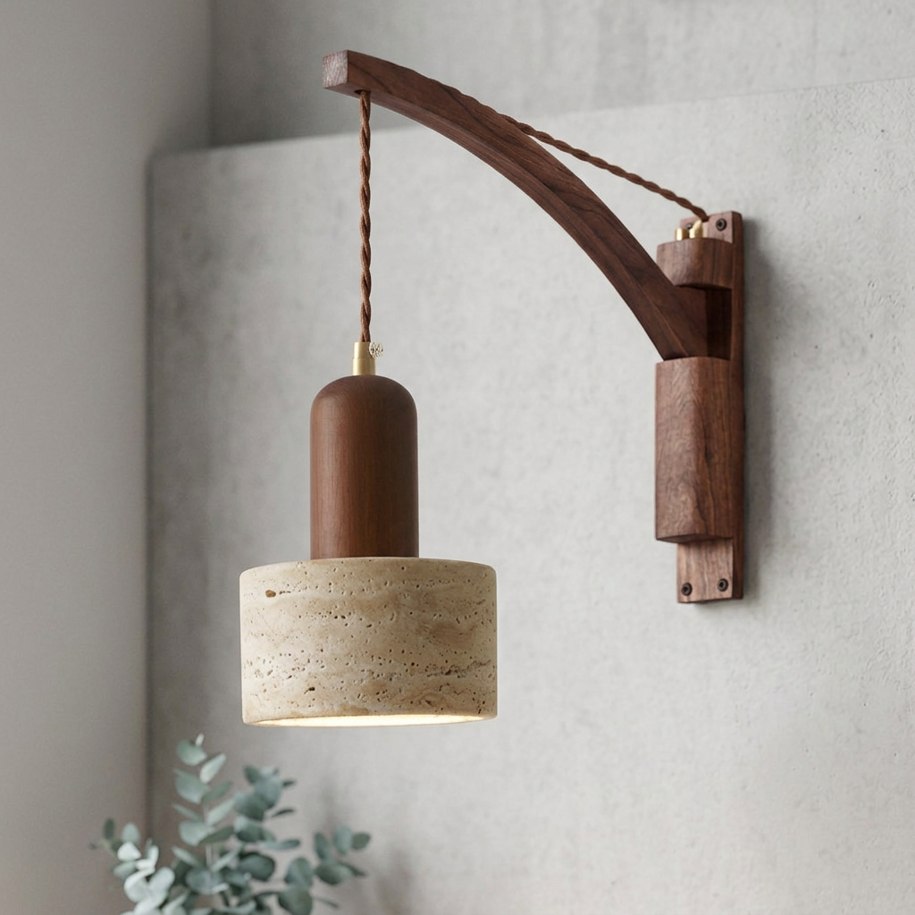 Elara Haus Curved Arm Wall Sconce with Hanging Cylindrical Pendant Light