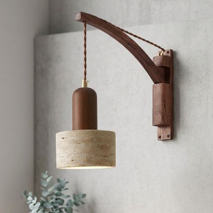 Elara Haus Curved Arm Wall Sconce with Hanging Cylindrical Pendant Light