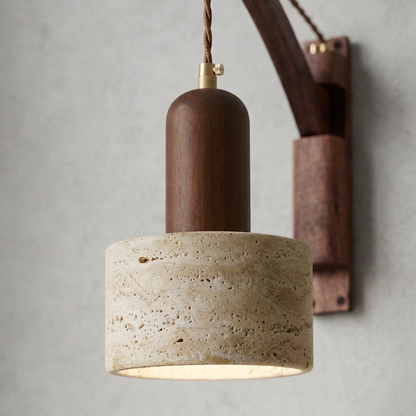 Elara Haus Curved Arm Wall Sconce with Hanging Cylindrical Pendant Light
