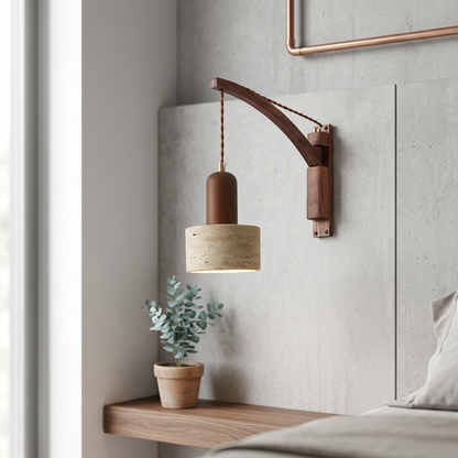 Elara Haus Curved Arm Wall Sconce with Hanging Cylindrical Pendant Light