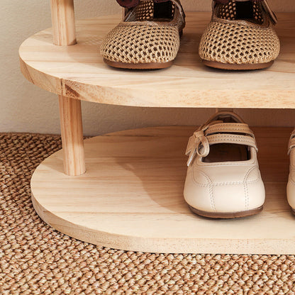 Traditional Japanese Pine Wood Curved Square Kids Shoe Rack With 2-Tier For Living Room 7