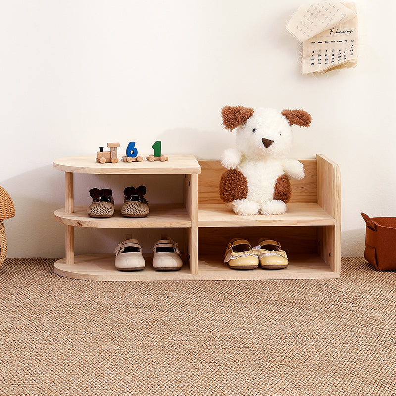 Traditional Japanese Pine Wood Curved Square Kids Shoe Rack With 2-Tier For Living Room 1