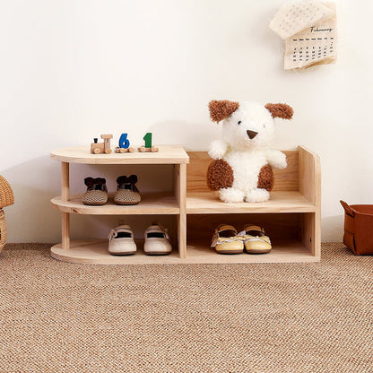 Traditional Japanese Pine Wood Curved Square Kids Shoe Rack With 2-Tier For Living Room 1