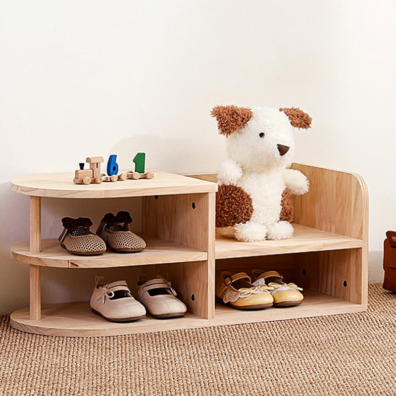 Traditional Japanese Pine Wood Curved Square Kids Shoe Rack With 2-Tier For Living Room 3