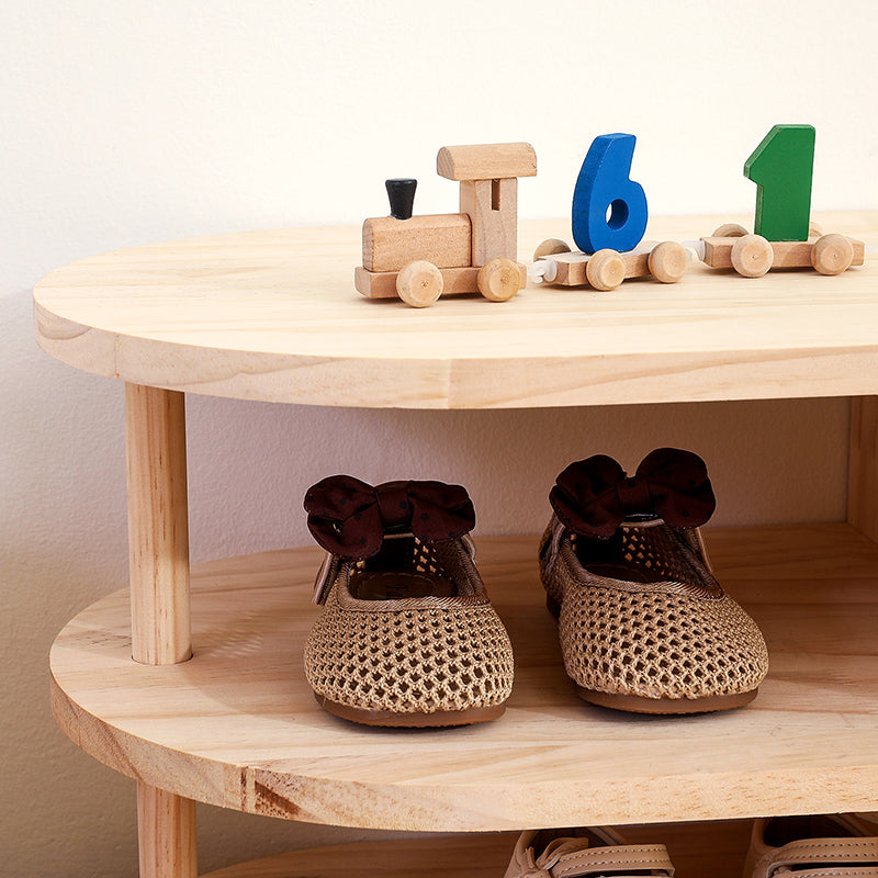 Traditional Japanese Pine Wood Curved Square Kids Shoe Rack With 2-Tier For Living Room 5