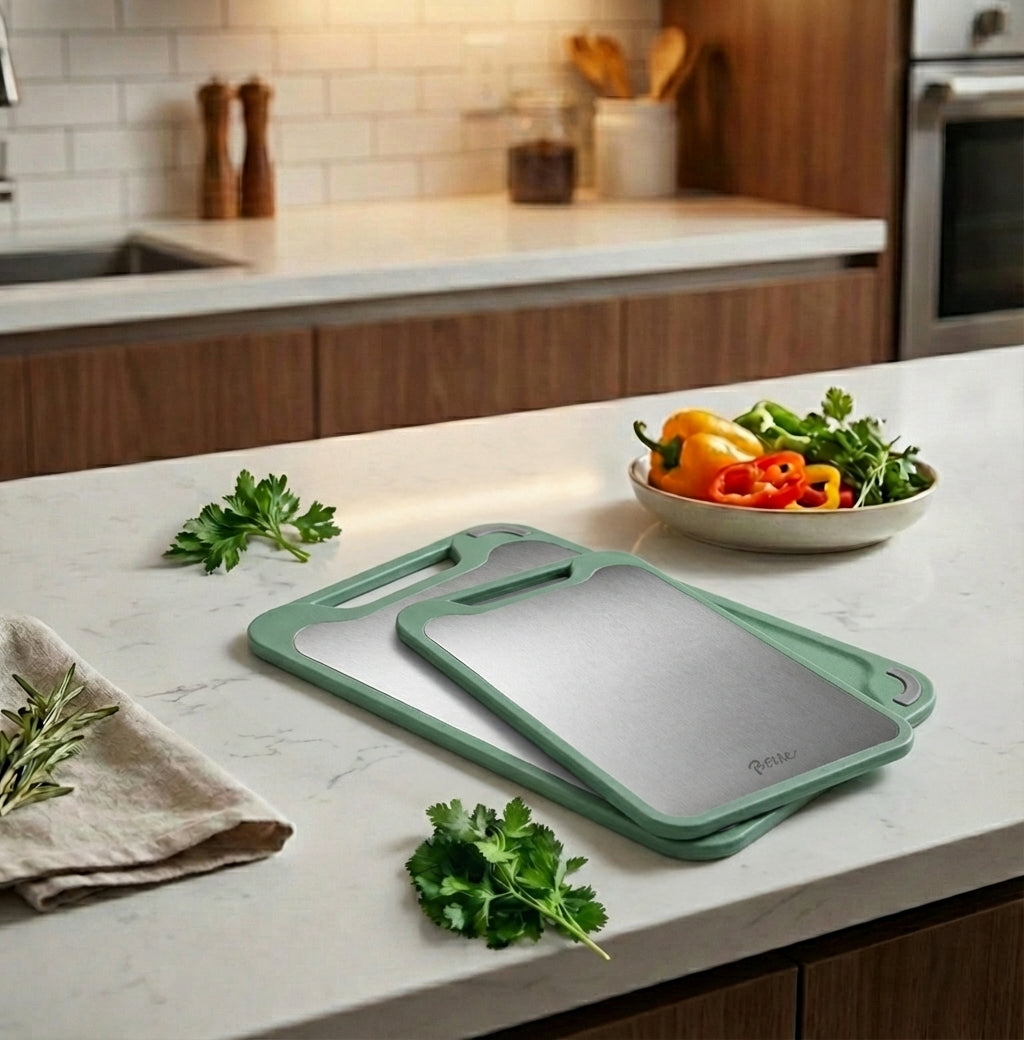 Elara Haus Cutting Board - Dual-Sided Stainless Steel Chopping Board with Rice Husk Fiber