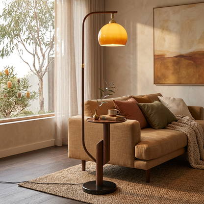 Elara Haus Designer Arched Floor Lamp with Integrated Side Table