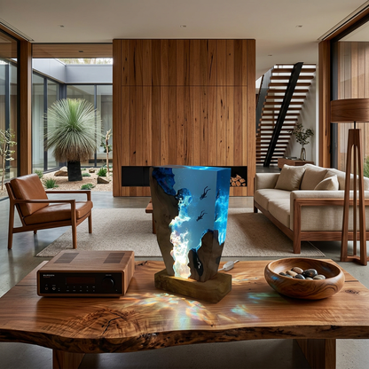 Elara Haus Designer Riverstone Reef – Architectural Solid Wood & Resin Pelagic Stage