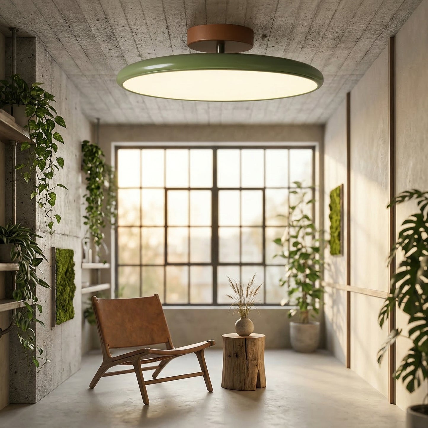 Elara Haus Drift Retro Flush Mount – Enameled Sage & Terracotta Ceiling Light