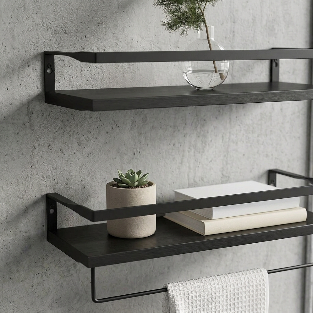 Elara Haus Dual Floating Shelves with Metal Guard Rail and Hanging Rod