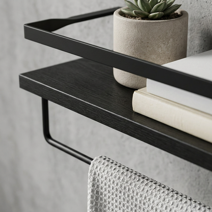 Elara Haus Dual Floating Shelves with Metal Guard Rail and Hanging Rod