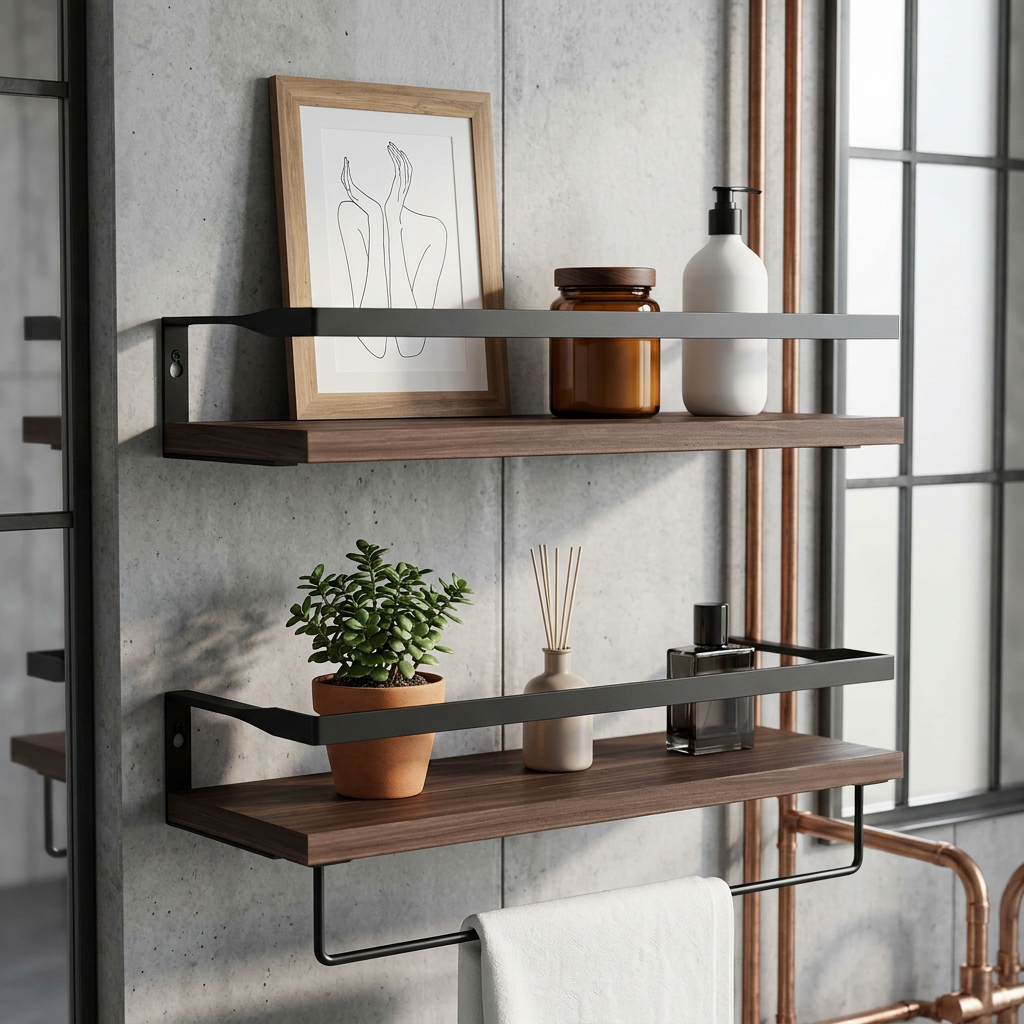 Elara Haus Dual Floating Shelves with Metal Guard Rail and Hanging Rod