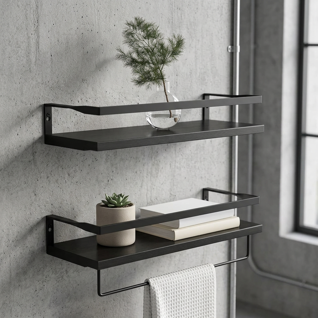 Elara Haus Dual Floating Shelves with Metal Guard Rail and Hanging Rod