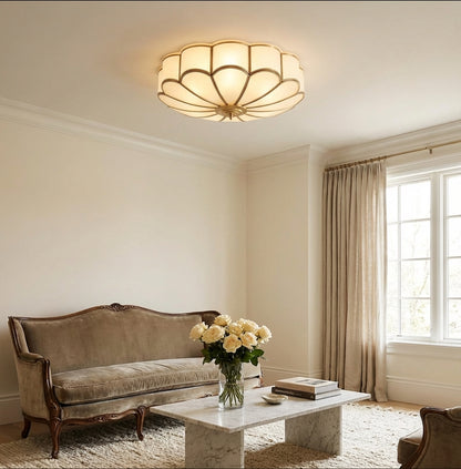 Elara Haus Flush Mount Ceiling Light - Frosted Glass Brass Flower Design