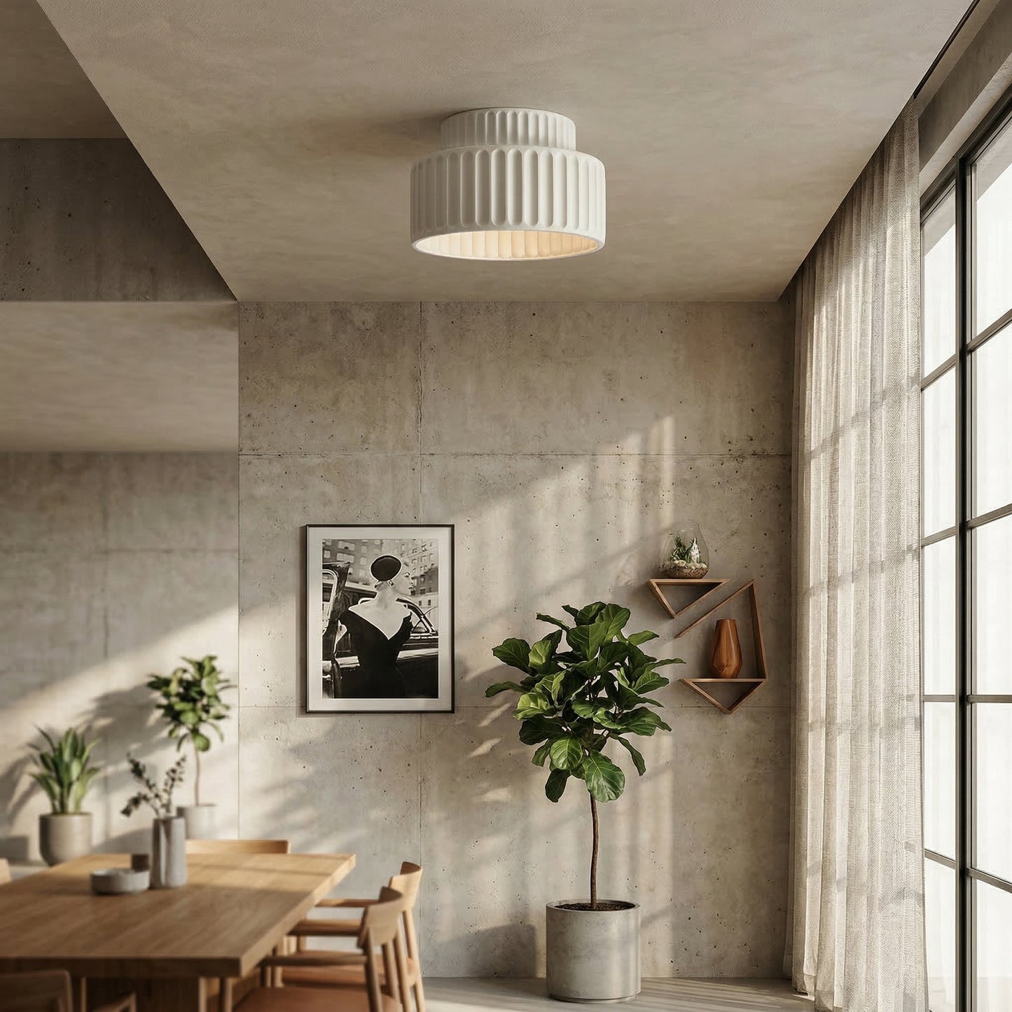 Elara Haus Fluted Ceramic Flush Mount – Matte Bisque Tiered Ceiling Light