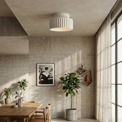 Elara Haus Fluted Ceramic Flush Mount – Matte Bisque Tiered Ceiling Light