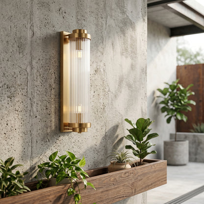 Elara Haus Fluted Glass Pillar – Prismatic Gilded Art Deco Sconce