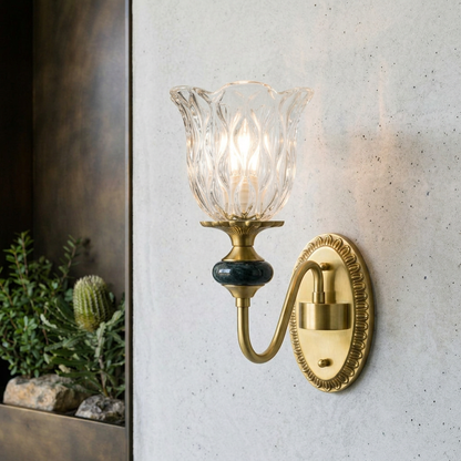 Elara Haus Fluted Glass Wall Lamp with Marble Accent