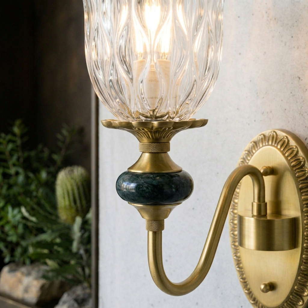 Elara Haus Fluted Glass Wall Lamp with Marble Accent
