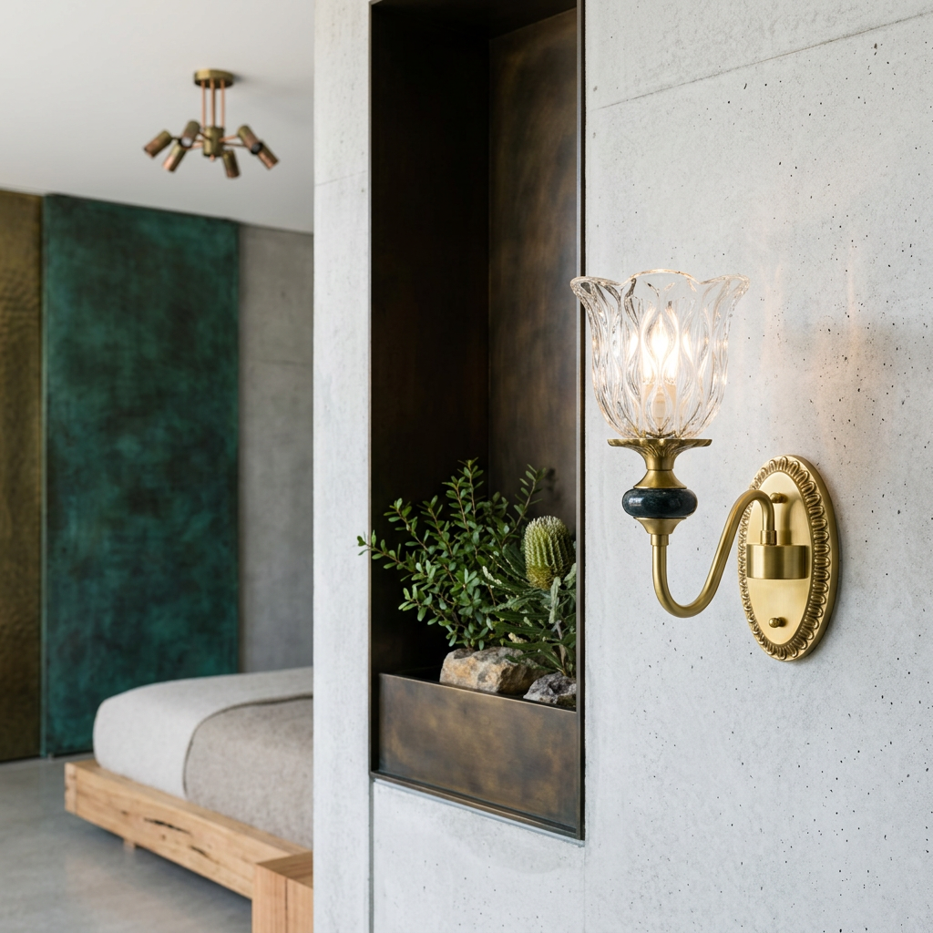 Elara Haus Fluted Glass Wall Lamp with Marble Accent