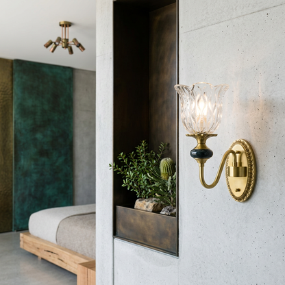 Elara Haus Fluted Glass Wall Lamp with Marble Accent