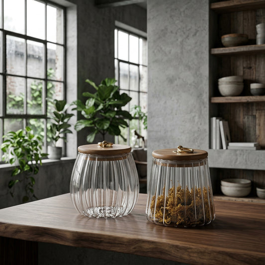 Elara Haus Fluted Relief Glass Storage Jar with Gold Ring Lid
