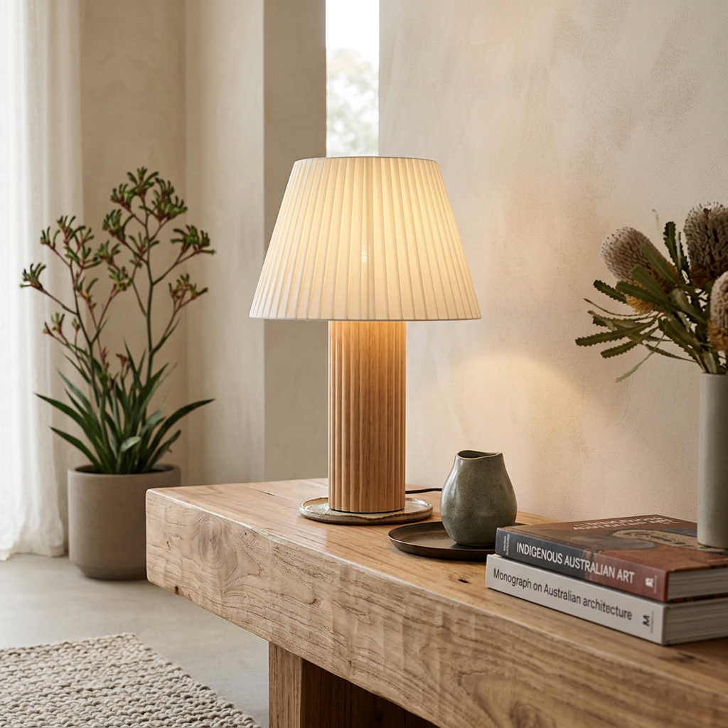 Elara Haus Fluted Timber & Pleated Shade Table Lamp