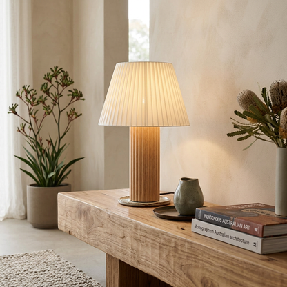 Elara Haus Fluted Timber & Pleated Shade Table Lamp