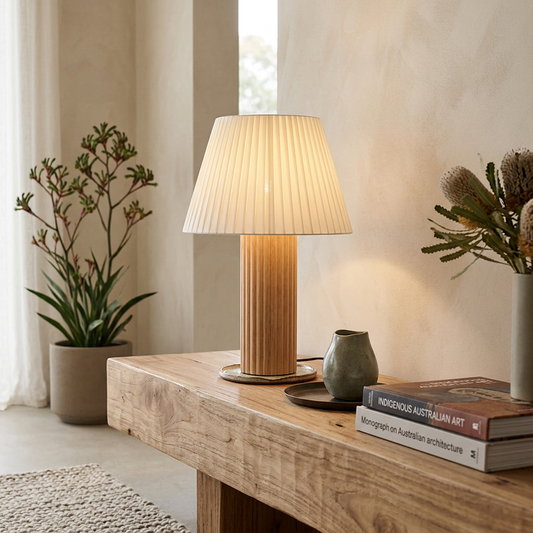 Elara Haus Fluted Timber & Pleated Shade Table Lamp