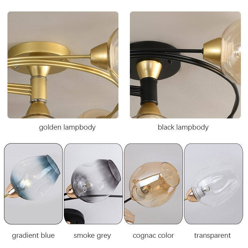 Valentina Flush Mount Ceiling Light, Glass, Black/Gold, Dining Room 8