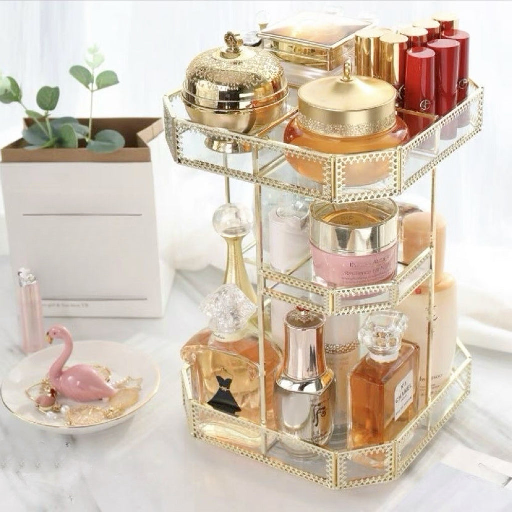 Gold Glass Rotation Makeup Perfume Tray Organizer 0