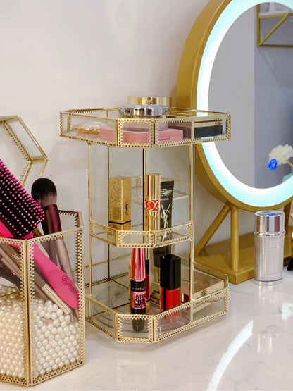 Gold Glass Rotation Makeup Perfume Tray Organizer 1