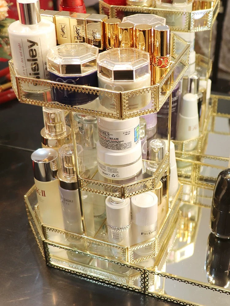 Gold Glass Rotation Makeup Perfume Tray Organizer 5