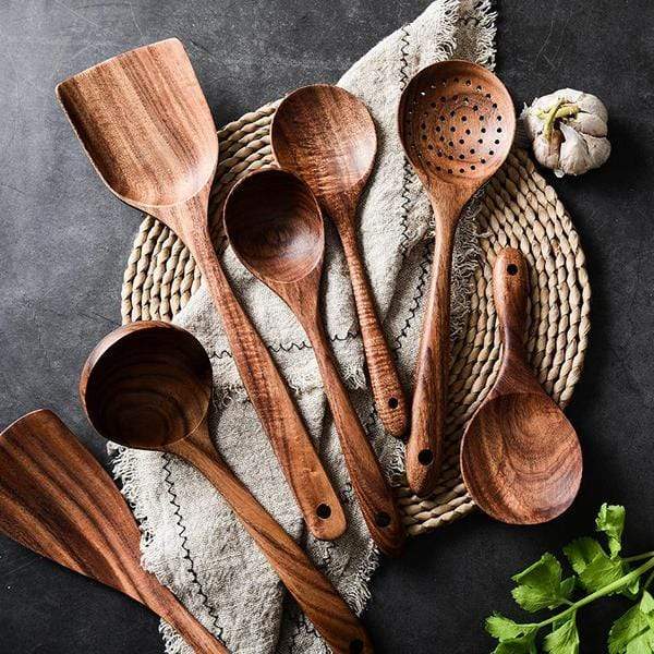 Elara Haus Handcrafted Teak Cooking Spoons - 7pc Non-Stick Set