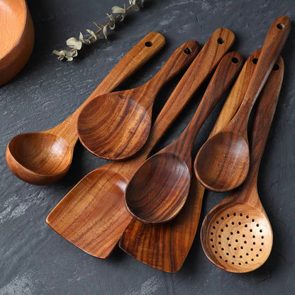 Elara Haus Handcrafted Teak Cooking Spoons - 7pc Non-Stick Set