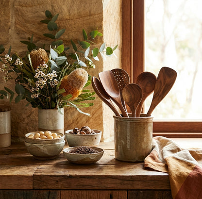 Elara Haus Handcrafted Teak Cooking Spoons - 7pc Non-Stick Set